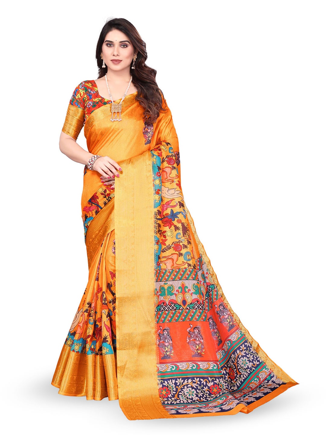 

MAGNEITTA Kalamkari Silk Blend Designer Saree, Yellow