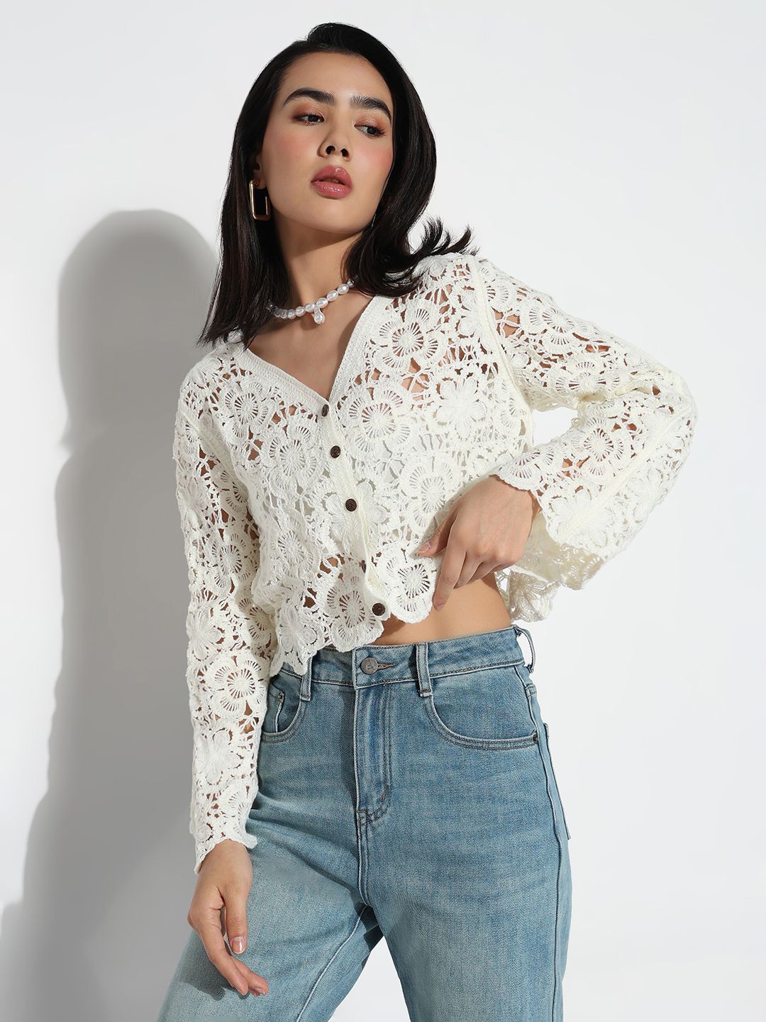 

SHOWOFF Floral Cotton Crochet Top, Cream