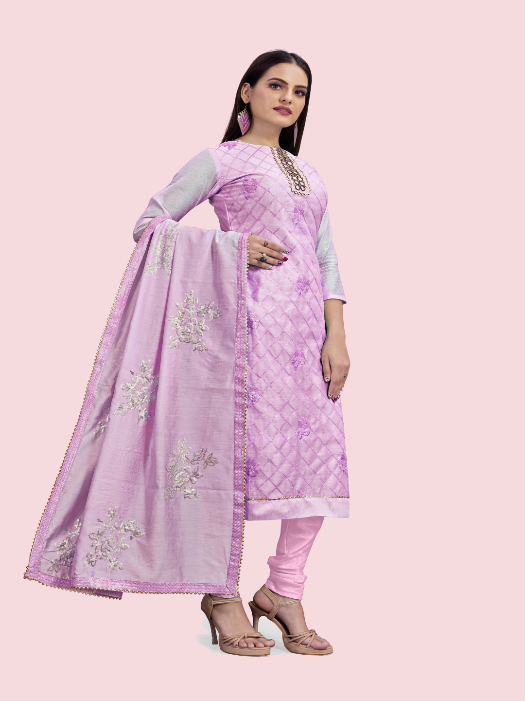 

HERE&NOW Floral Embellished Sequinned Unstitched Dress Material, Pink