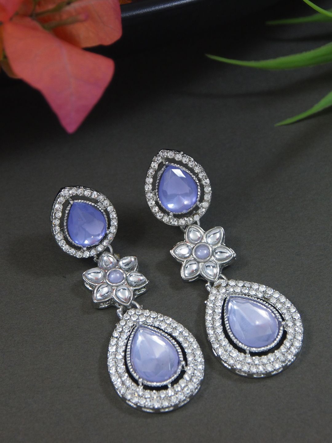 

I Jewels Silver-Plated Artificial Stones Studded Teardrop Shaped Drop Earrings