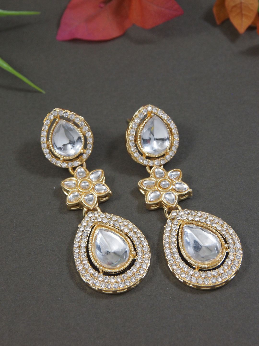 

I Jewels Gold-Plated Stones Studded Teardrop Shaped Drop Earrings