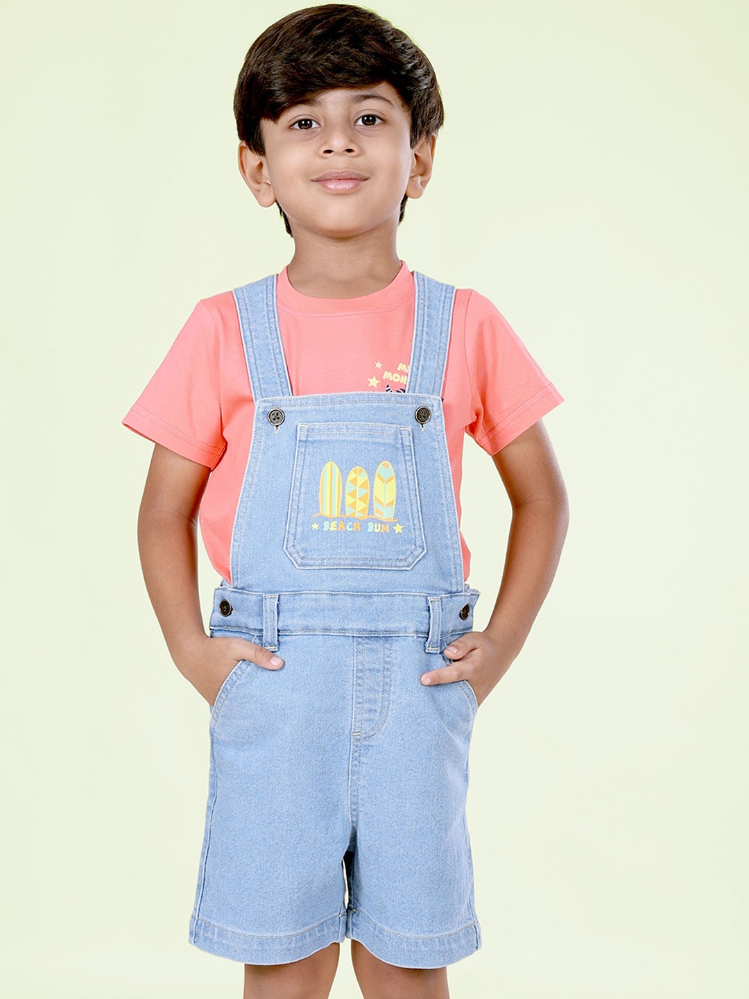 

KiddoPanti Boys Printed Denim Dungaree, Blue