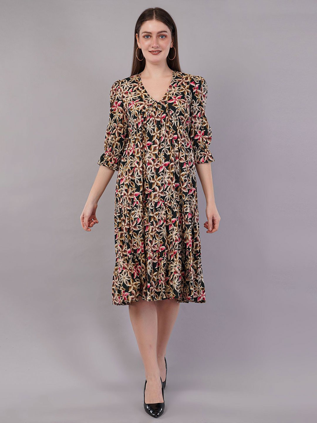 

FLY STITCH Floral Print Puff Sleeve Fit & Flare Midi Dress, Green