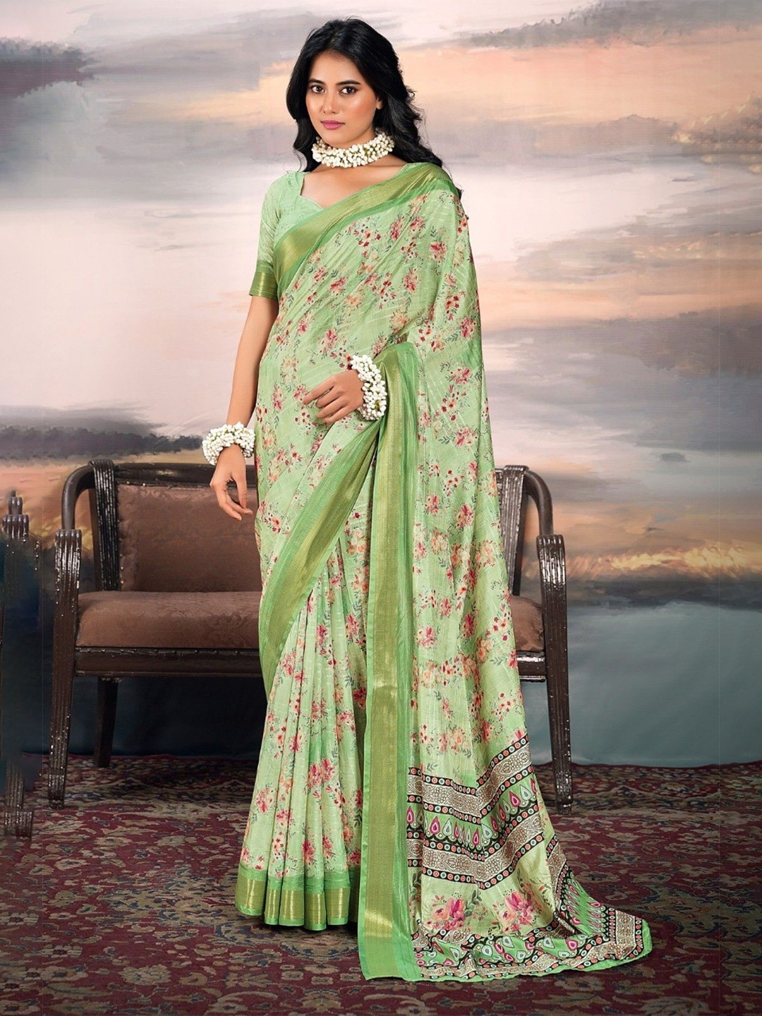 

MySilkLove Gurkha Green Digital Printed Cotton Saree