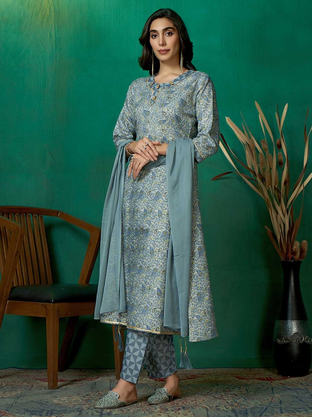 

Sangria Women Floral Printed Pure Cotton A-Line Kurta With Trousers & Dupatta, Blue