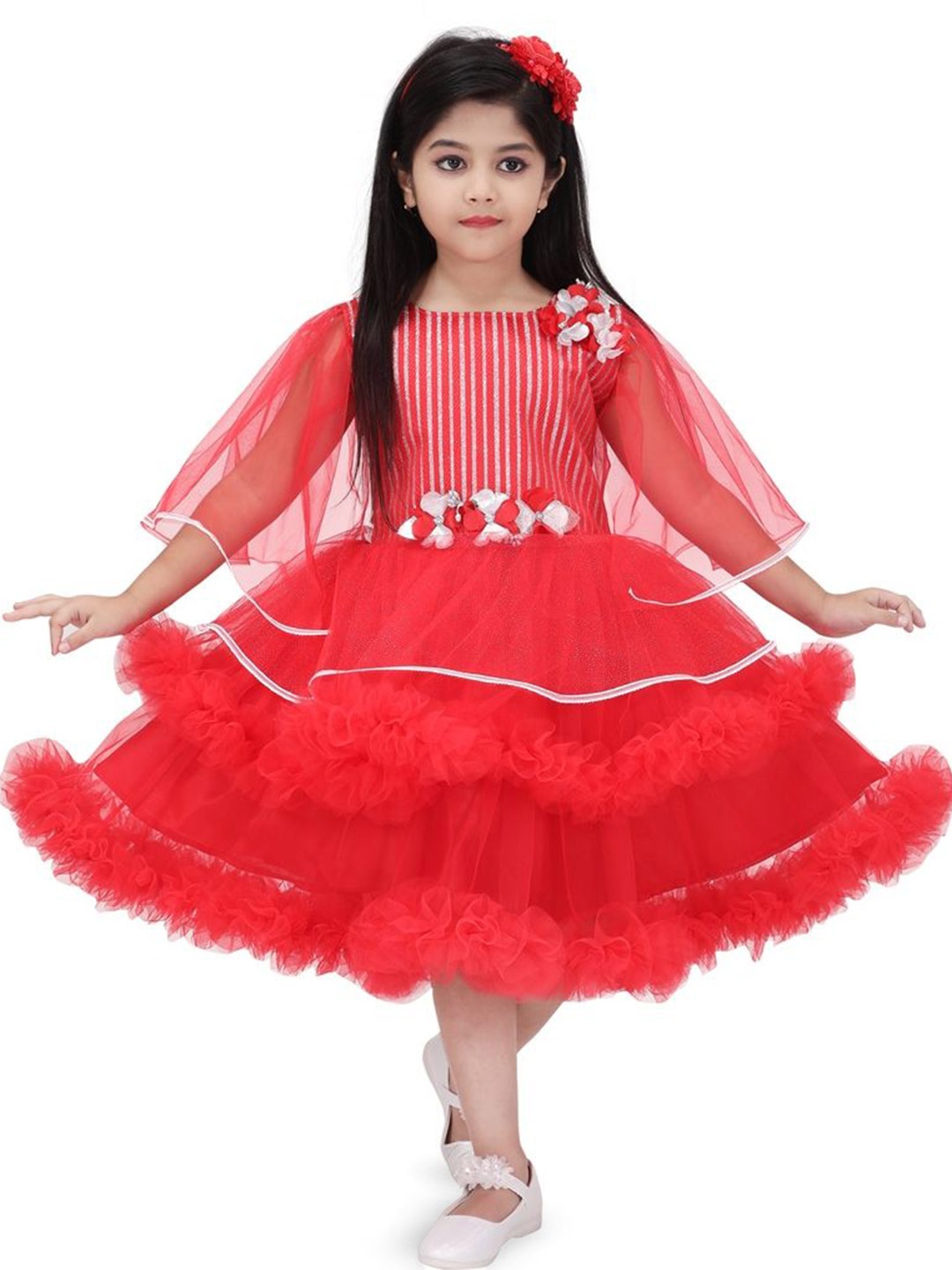 

PRIYANKA'S COLLECTION Flared Sleeve Net Fit & Flare Dress, Red