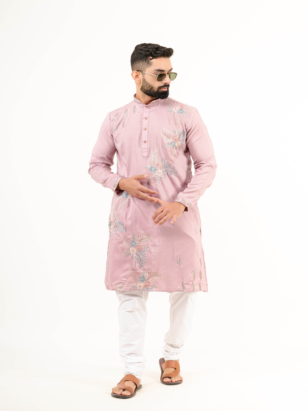 

Tistabene Floral Embroiderd Mandarin Collar Thread Work Handloom Straight Kurta, Pink