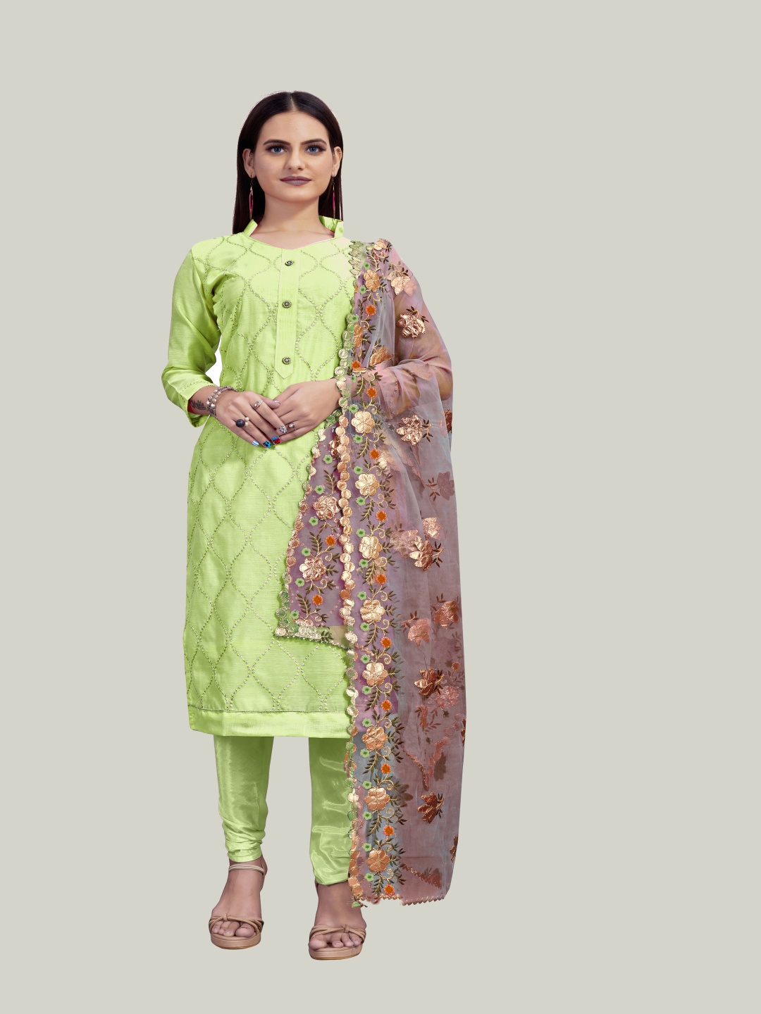 

HERE&NOW Floral Embroidered Thread Work Unstitched Dress Material, Green