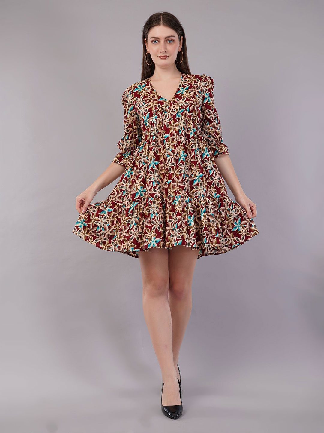 

FLY STITCH Floral Print Puff Sleeve Fit & Flare Mini Dress, Brown