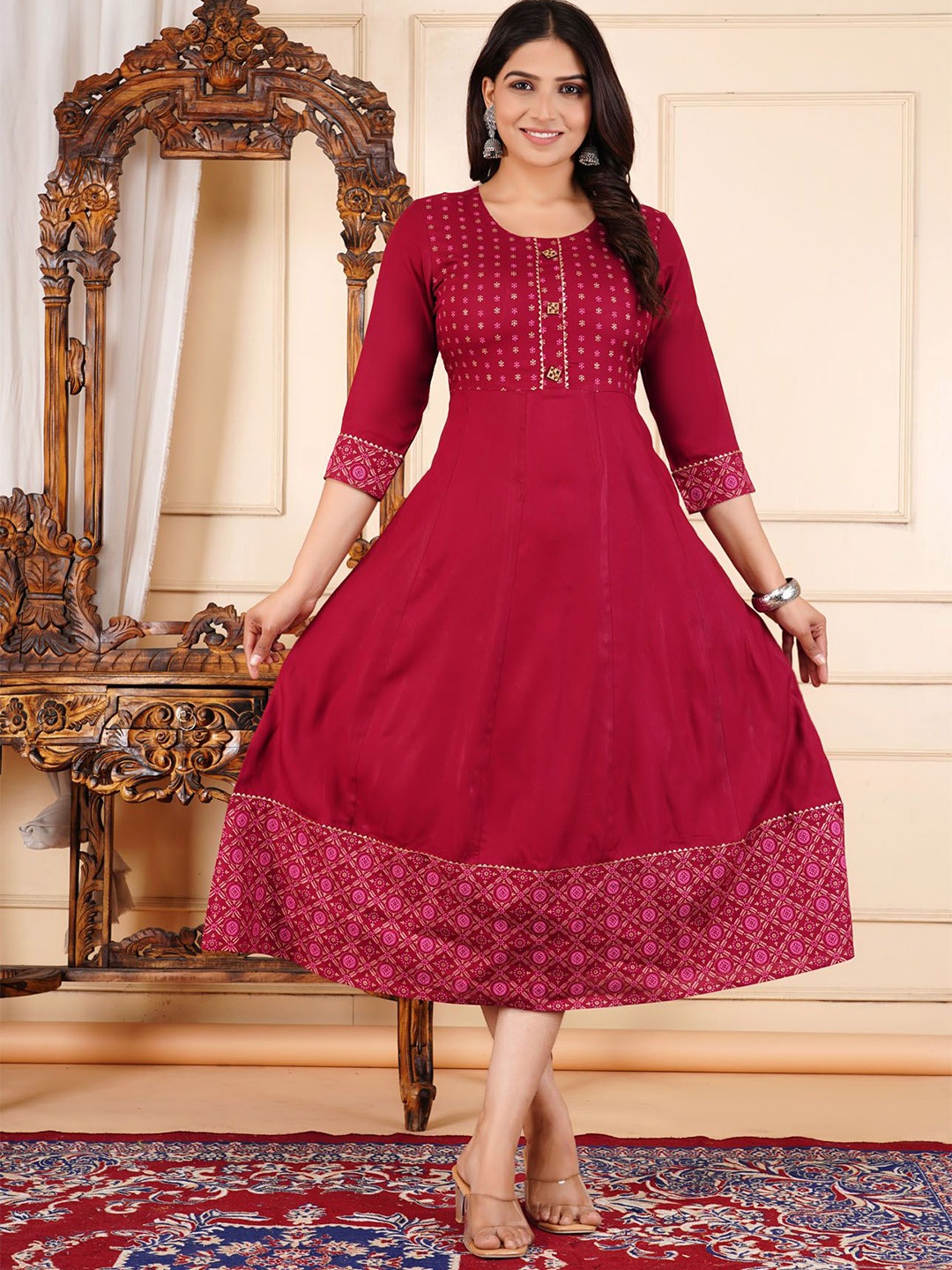 

L.H HANDICRAFTS Print A-Line Midi Dress, Red