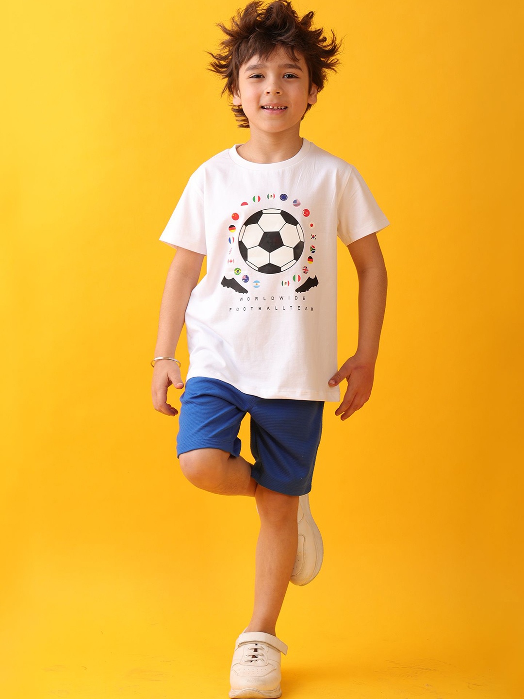

Anthrilo Boys Football Printed Round Neck Pure Cotton T-shirt With Shorts, White