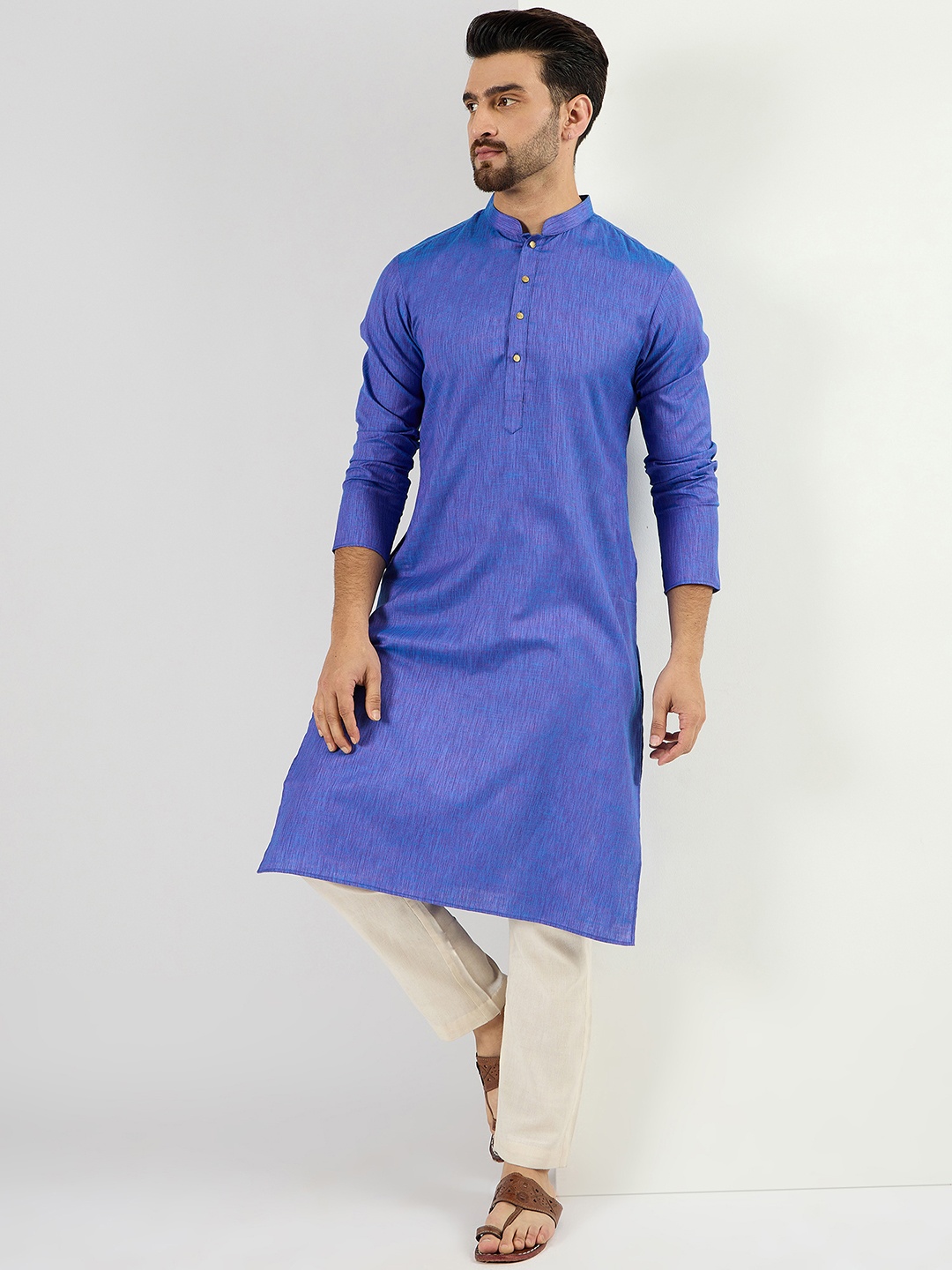 

House of Pataudi Mandarin Collar Cotton Straight Kurta, Blue