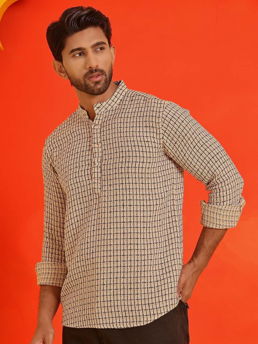 

Jompers Checked Band Collar Long Roll-Up Sleeves Straight Kurta, Beige