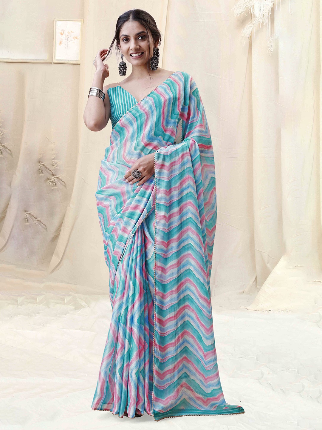 

MIRCHI FASHION Leheriya Poly Chiffon Ready to Wear Saree, Turquoise blue