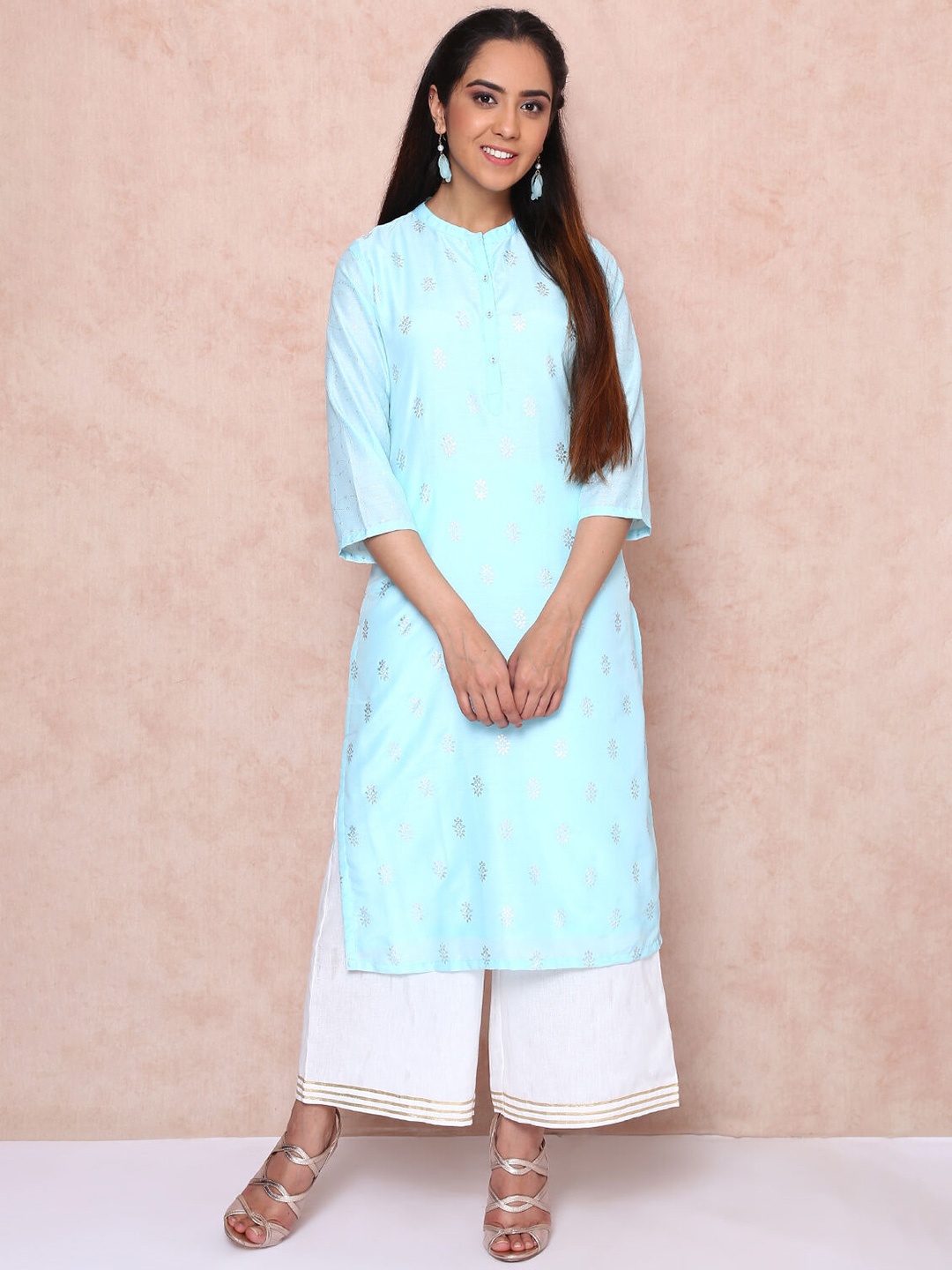 

Rangriti Women Geometric Flared Sleeves Sequinned Kurta, Blue