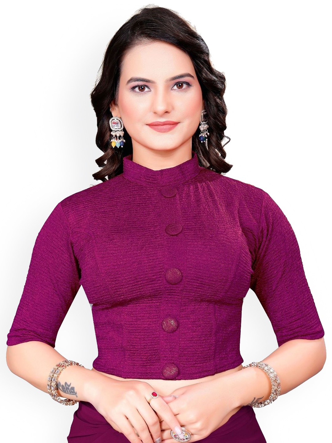 

SS Sanket Synthetics Self Design Cotton Shorts Sleeves Saree Blouse, Burgundy