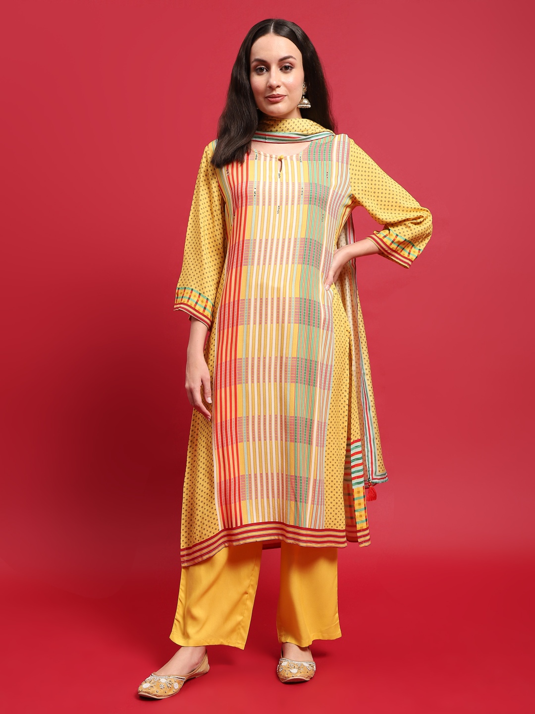 

Shree Women Striped Regular Liva Kurta with Trousers & With Dupatta, Yellow