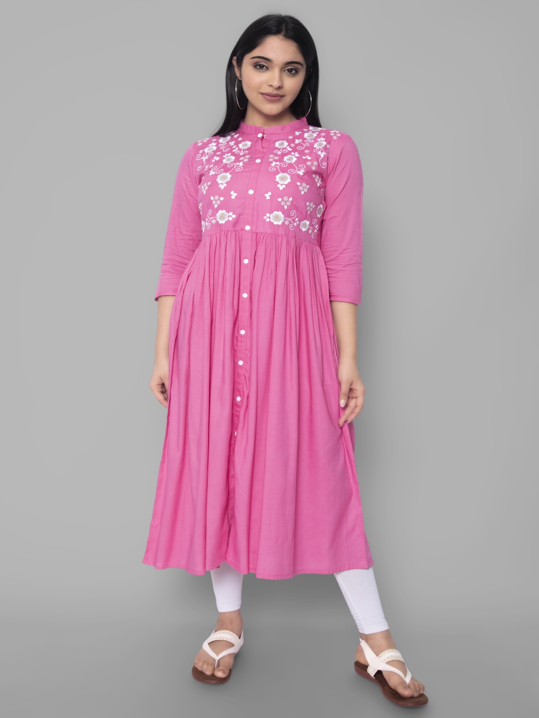 

PALSIYA PRESENTS Yoke Design Mandarin Collar Thread Work A-Line Kurta, Pink