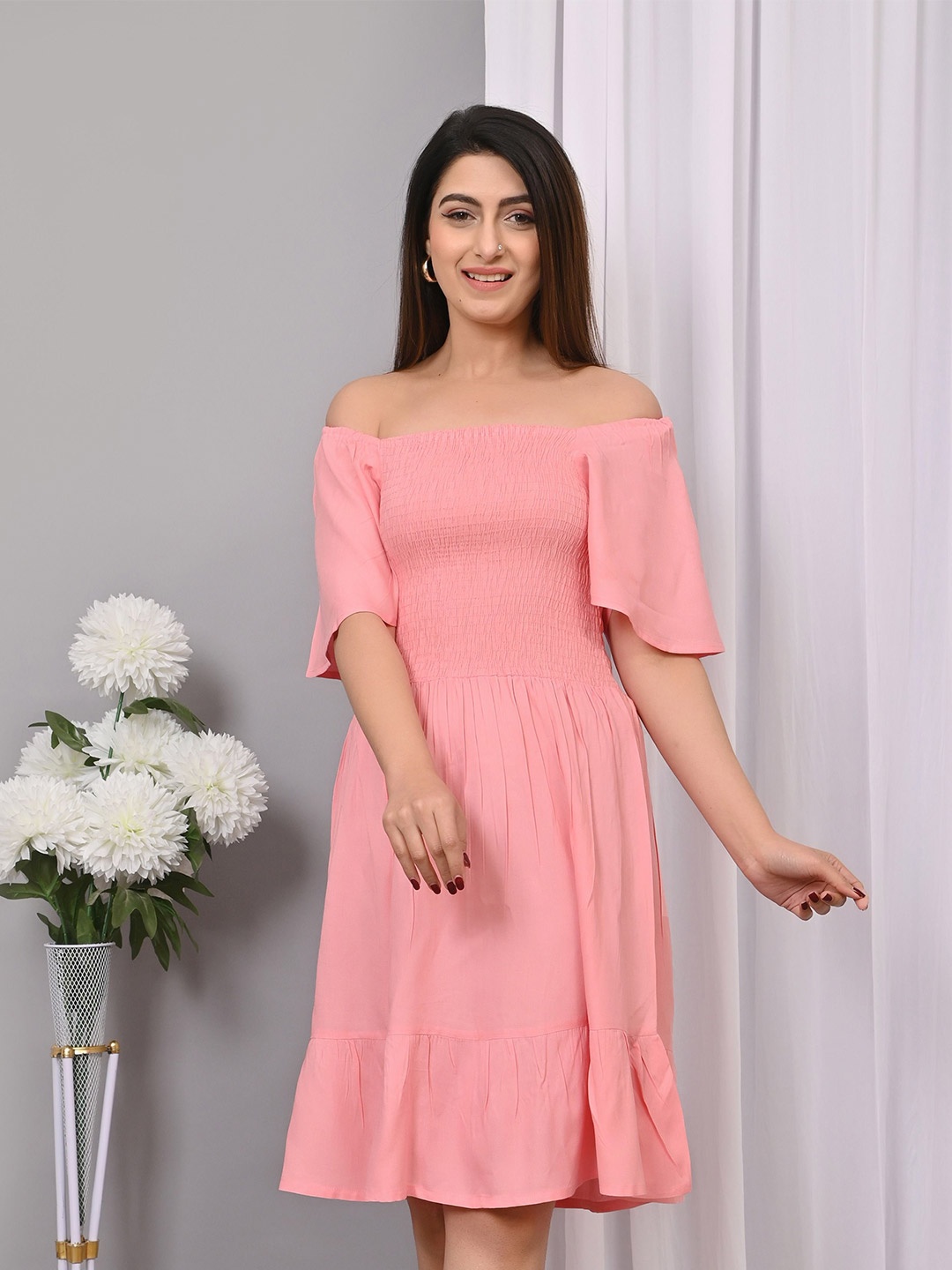 

IQRAAR Flared Sleeve Fit & Flare Dress, Pink