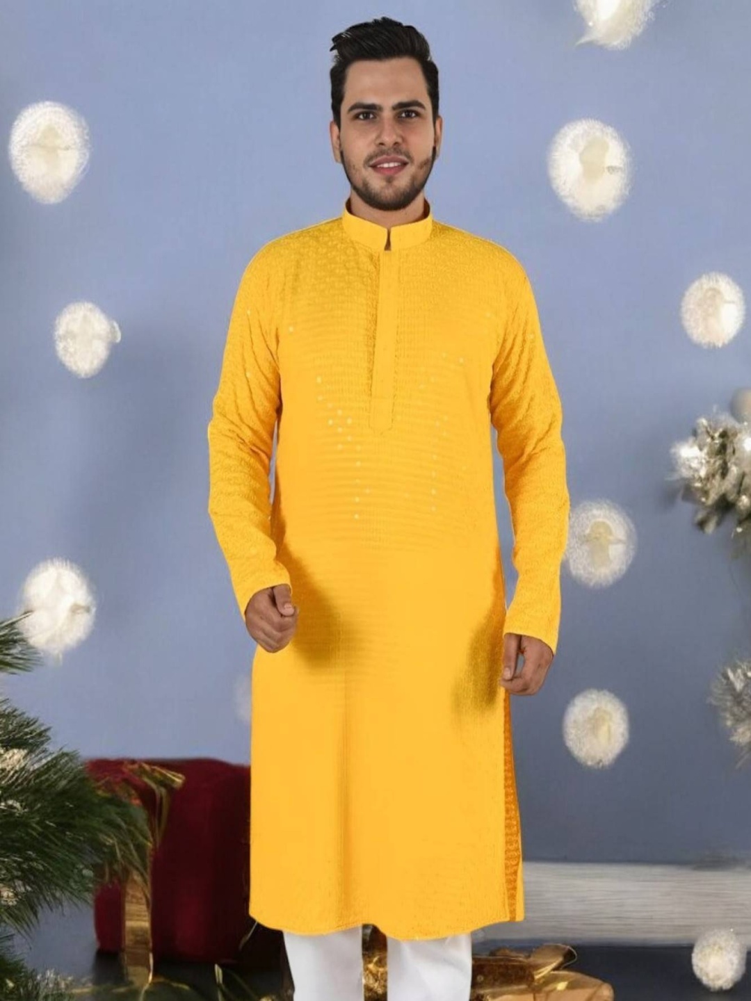 

Atly Floral Embroidered Chikankari Mandarin Collar Straight Kurta, Yellow