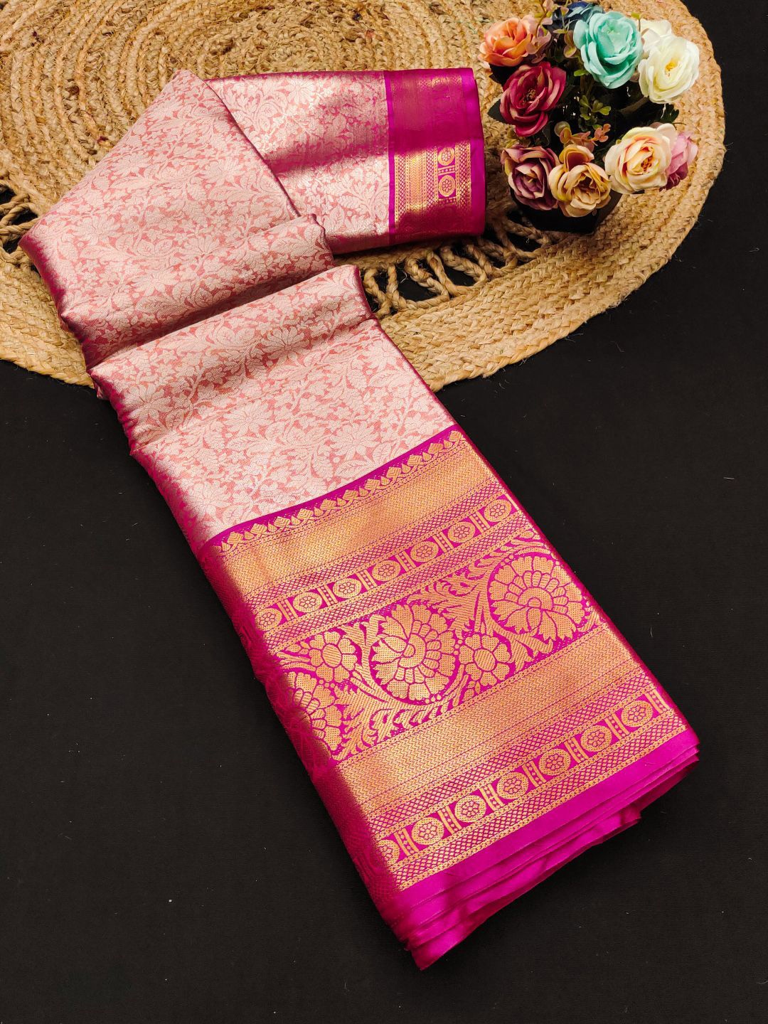 

yourwish Floral Zari Pure Silk Kanjeevaram Saree, Pink