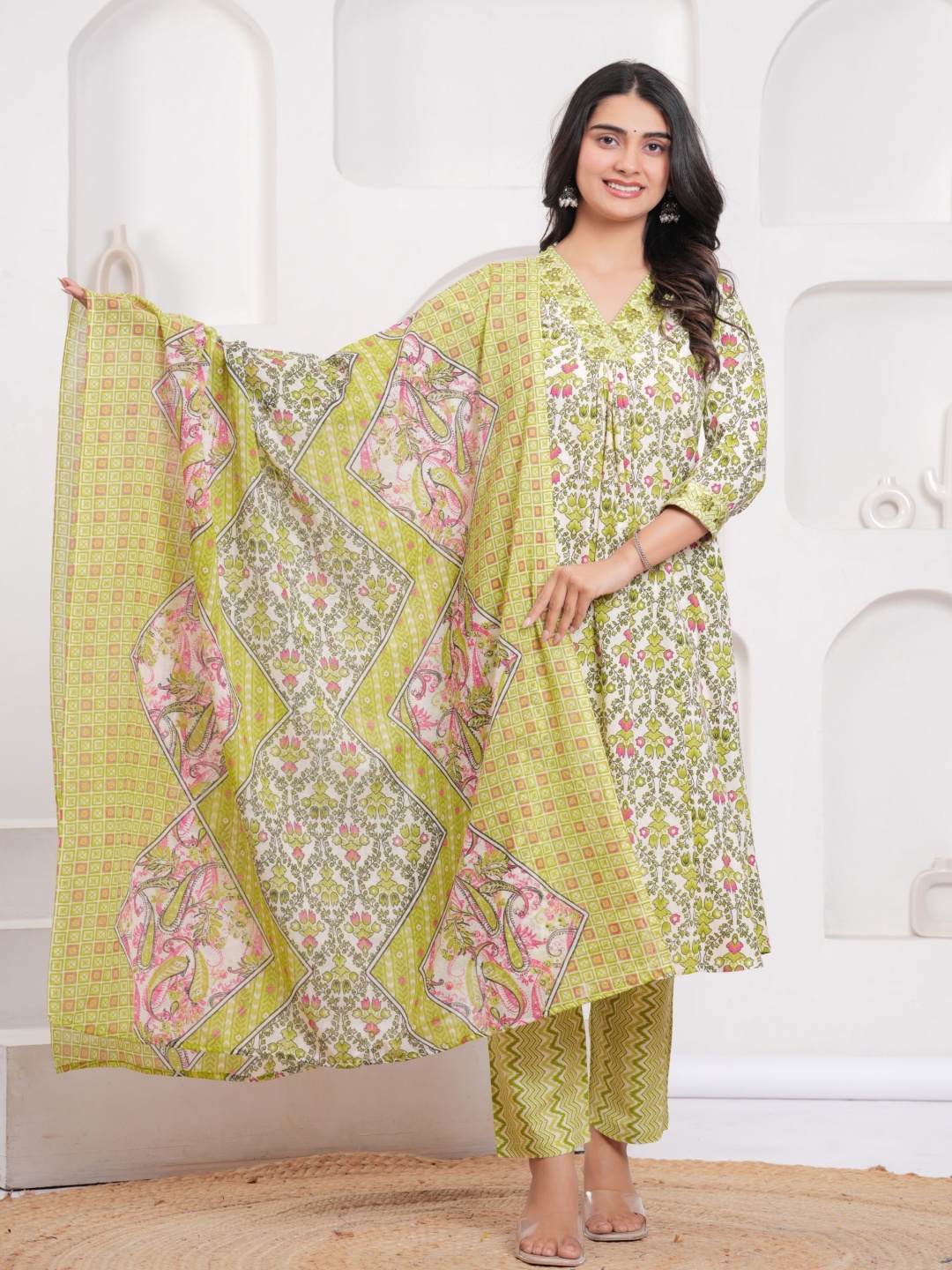 

KALINI Women Floral Regular Pure Cotton Kurta with Trousers & With Dupatta, Yellow