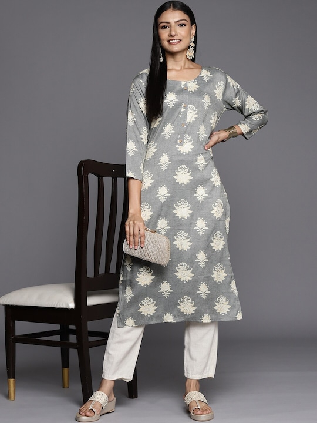 

KSUT Women Printed Block Print Kurta, Grey