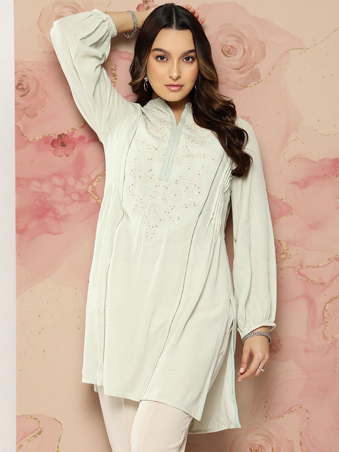

Nayam By Lakshita Women Mandarin Collar Embroidered Embellished Tunic, Green