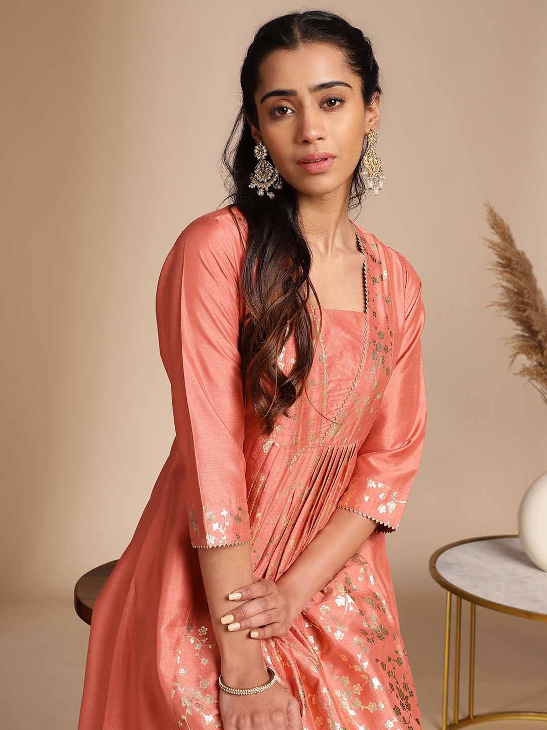 

KALINI Floral Woven Design Square Neck Silk A-Line Kurta, Peach