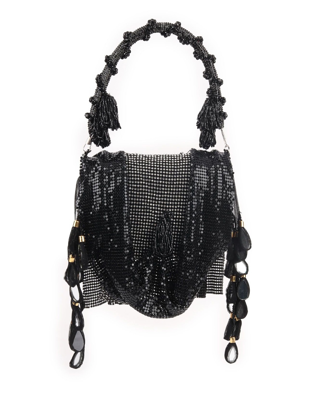 

ODETTE Suede Structured Hobo Bag with Cut Work, Black