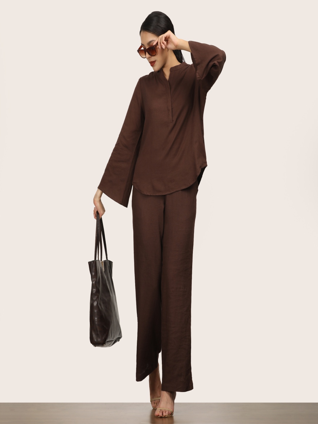 

Saltpetre Women Coffee Brown Bell Sleeves Short Tunic With Pants Co-Ord Set