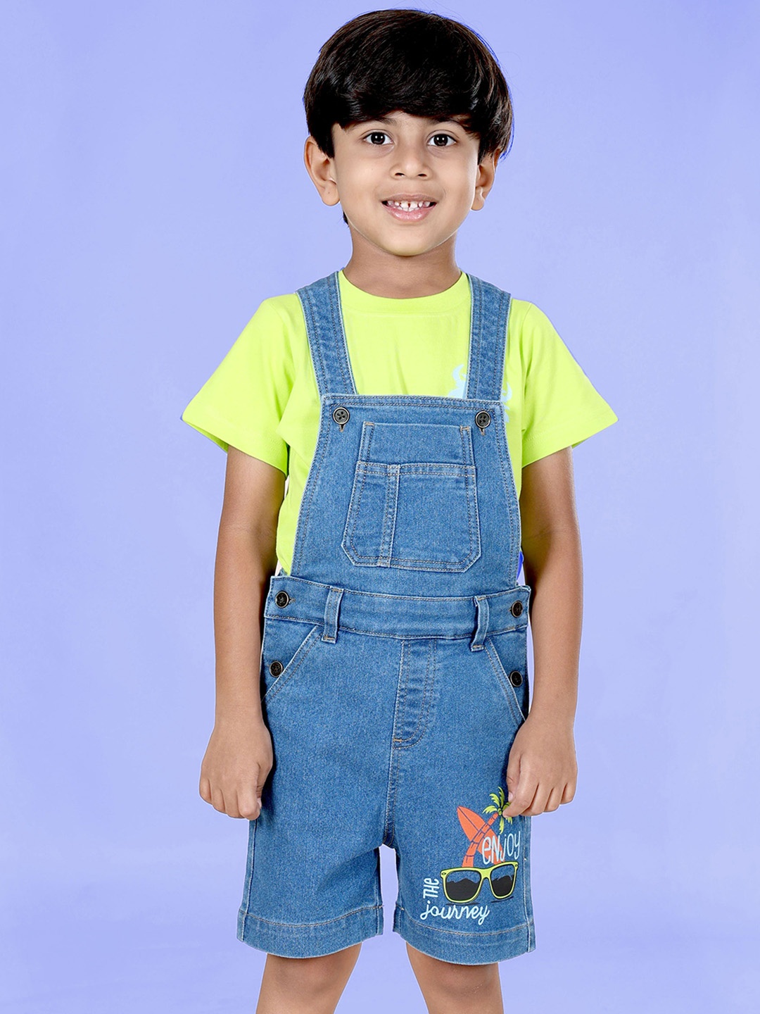 

KiddoPanti Boys Printed Denim Dungaree, Blue