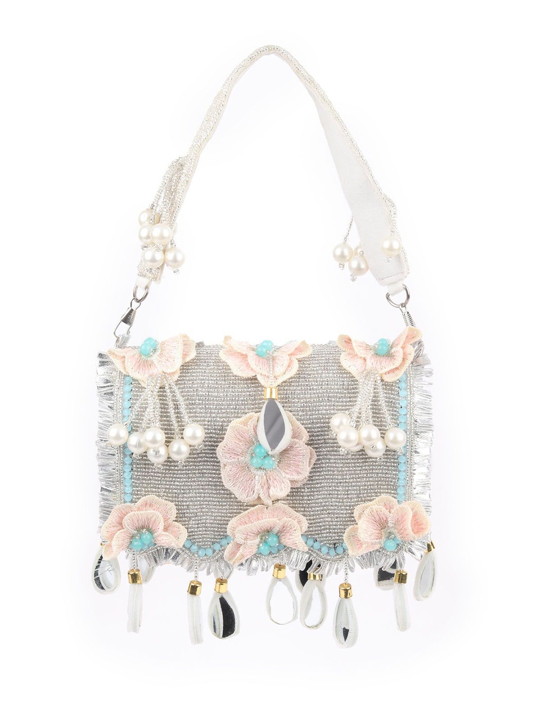 

ODETTE Floral Embellished Suede Structured Handheld Bag with Tasselled, Silver