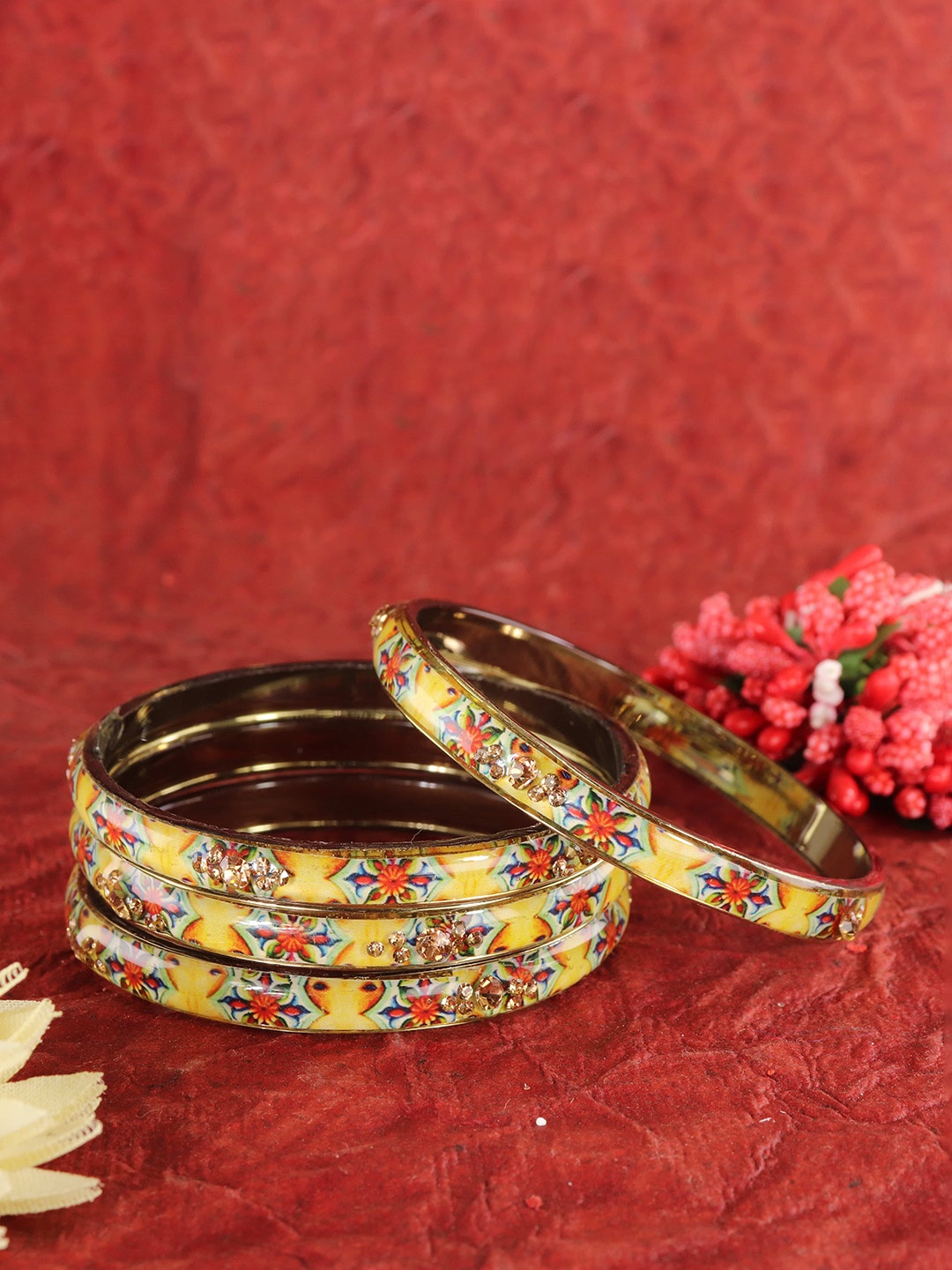

ZULKA Set Of 4 Printed Glass Cubic Zirconia Stone Studded Bangles, Gold