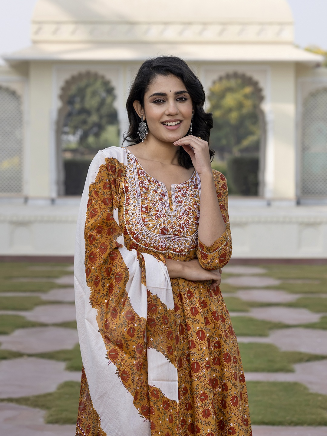 

KALINI Women Floral Printed Regular Pure Cotton Kurta with Trousers & With Dupatta, Mustard