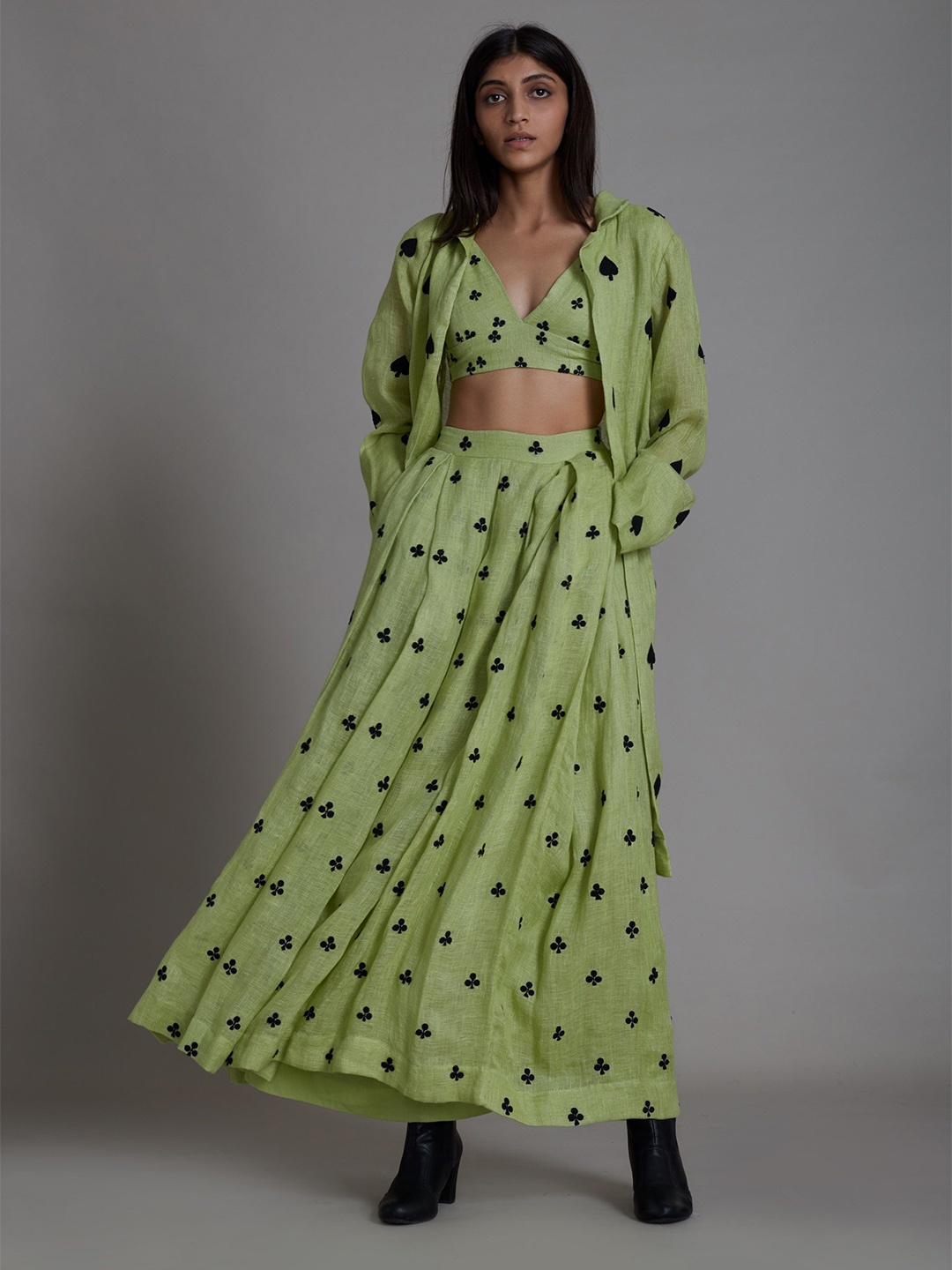 

MATI Printed V-Neck Ready to Wear Cotton Lehenga & Blouse With Shrug, Green