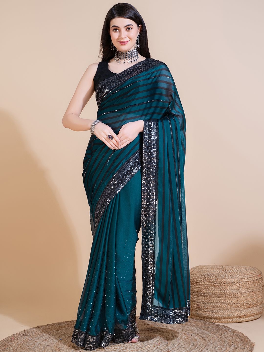 

DIVASTRI Striped Sequinned Silk Blend Saree, Teal