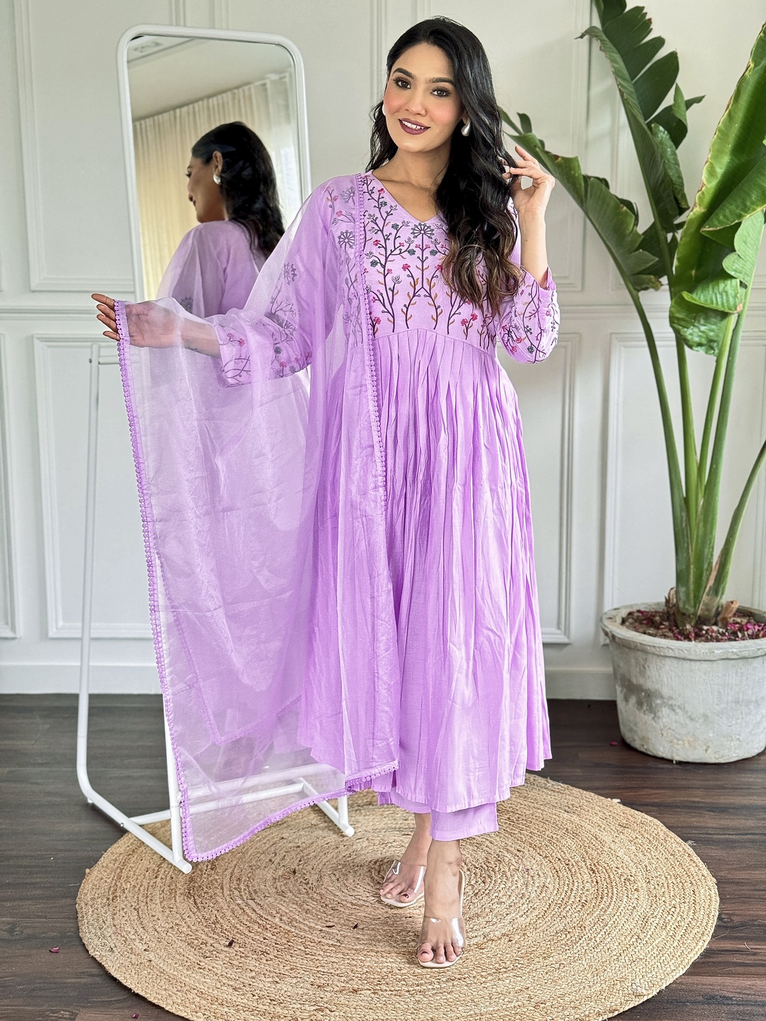 

KALINI Women Floral Embroidered Regular Chanderi Silk Kurta with Trousers & With Dupatta, Lavender