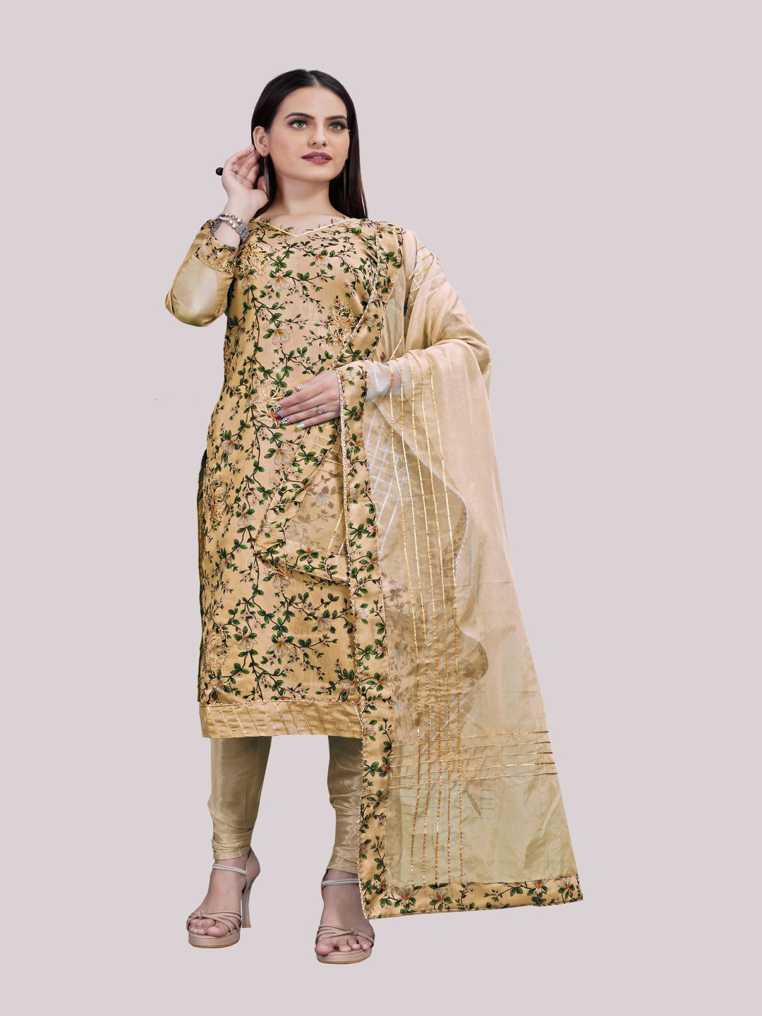 

HERE&NOW Floral Printed Gotta Patti Unstitched Dress Material, Beige