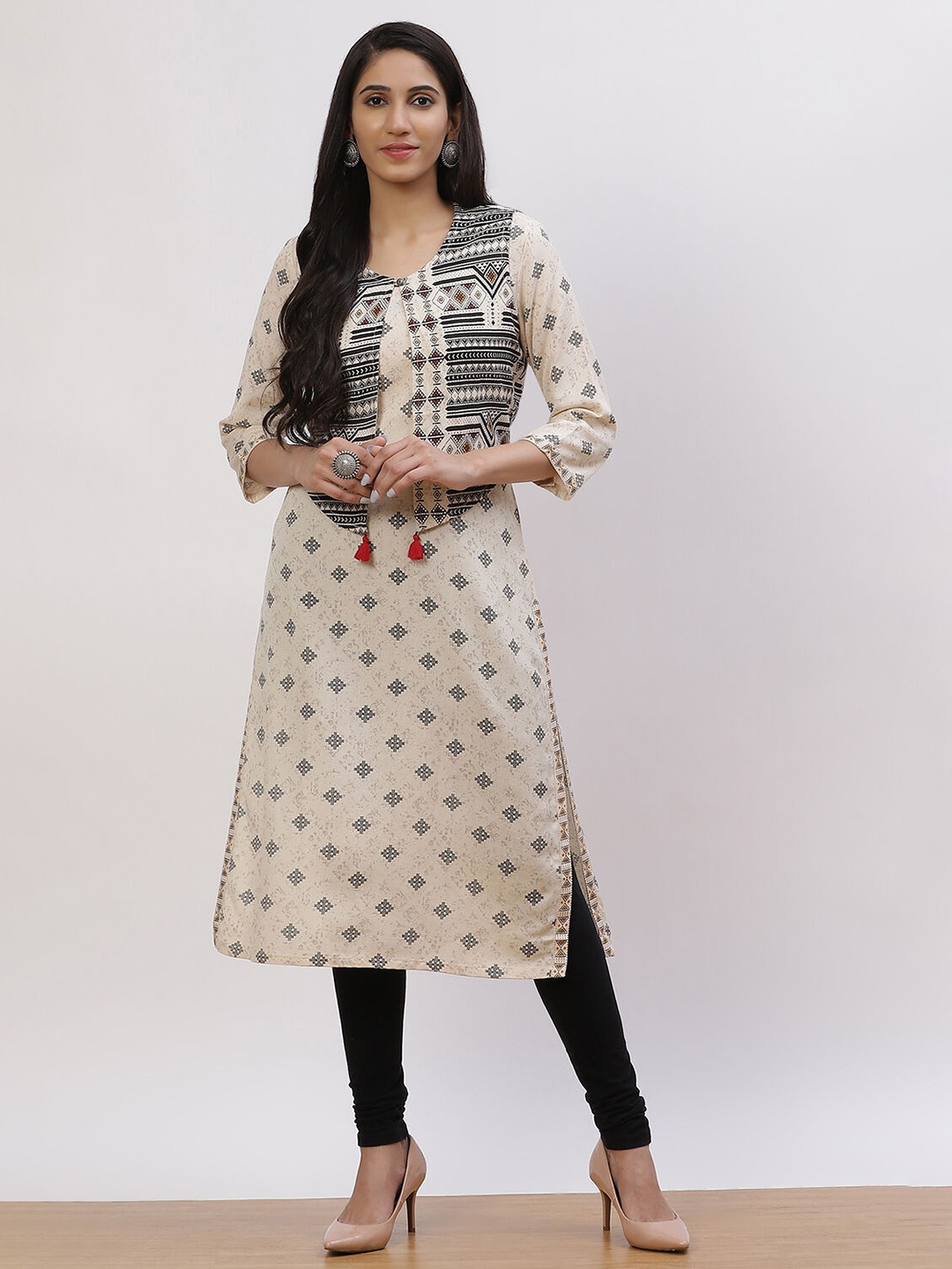 

Rangriti Geometric Woven Design Round Neck Straight Kurta WIth Jacket, White