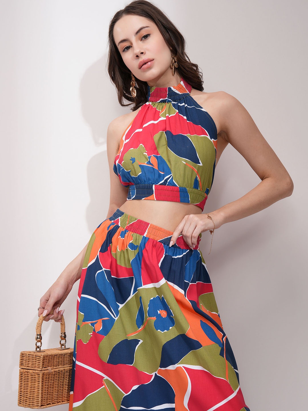 

ESPYR By Tokyo Talkies Abstract Printed Halter Neck Crop Top With Skirt, Red