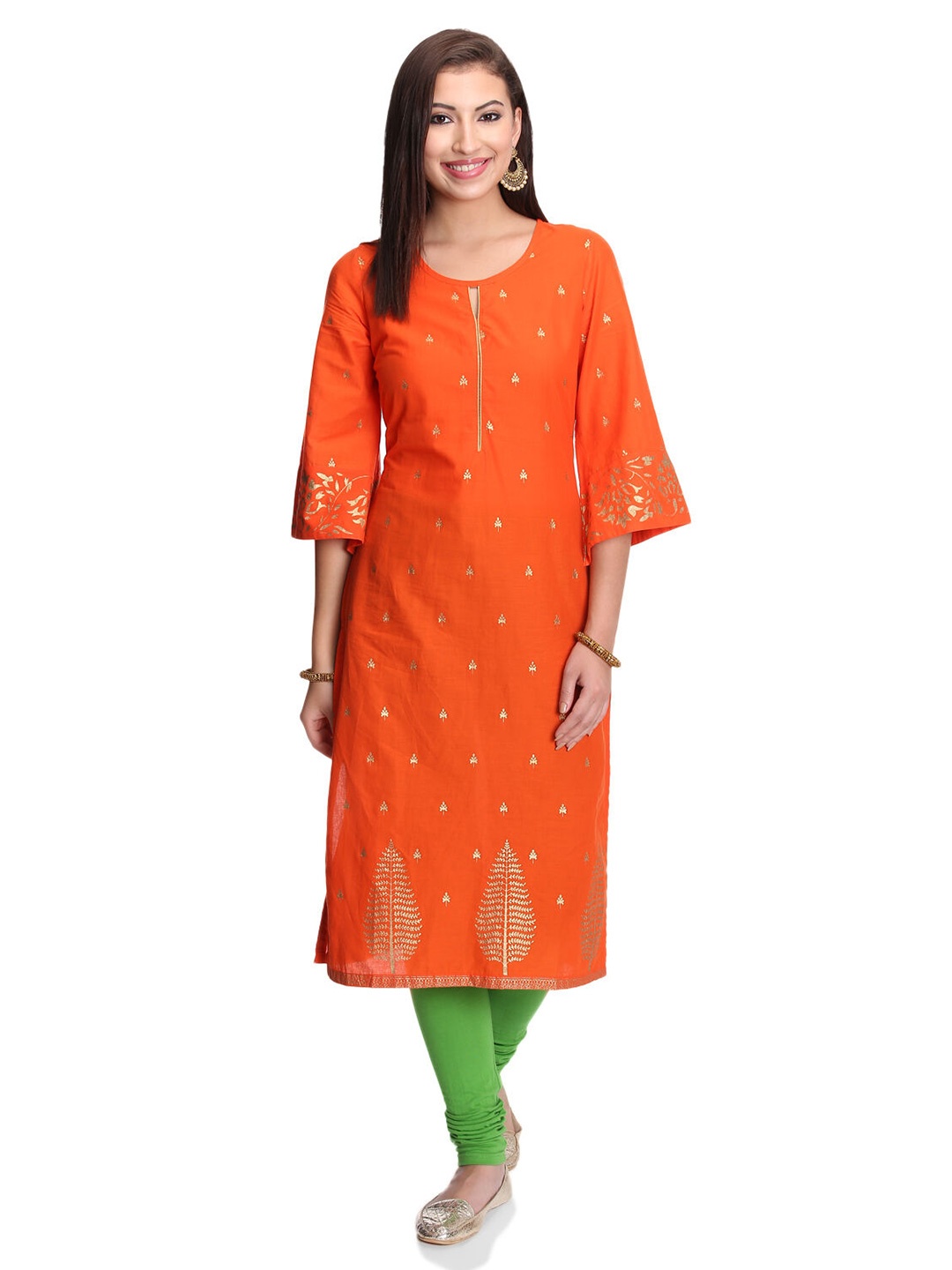 

Rangriti Ethnic Motifs Printed Round Neck Organic Cotton Straight Kurta, Orange