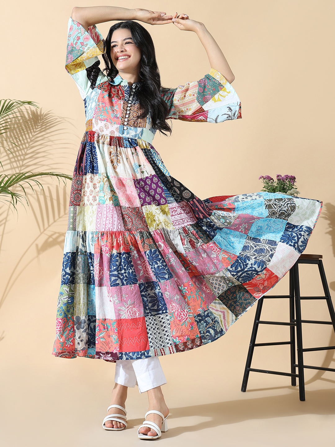 

SHOWOFF Ethnic Motifs Printed Shirt Collar Empire Anarkali Kurta, Blue