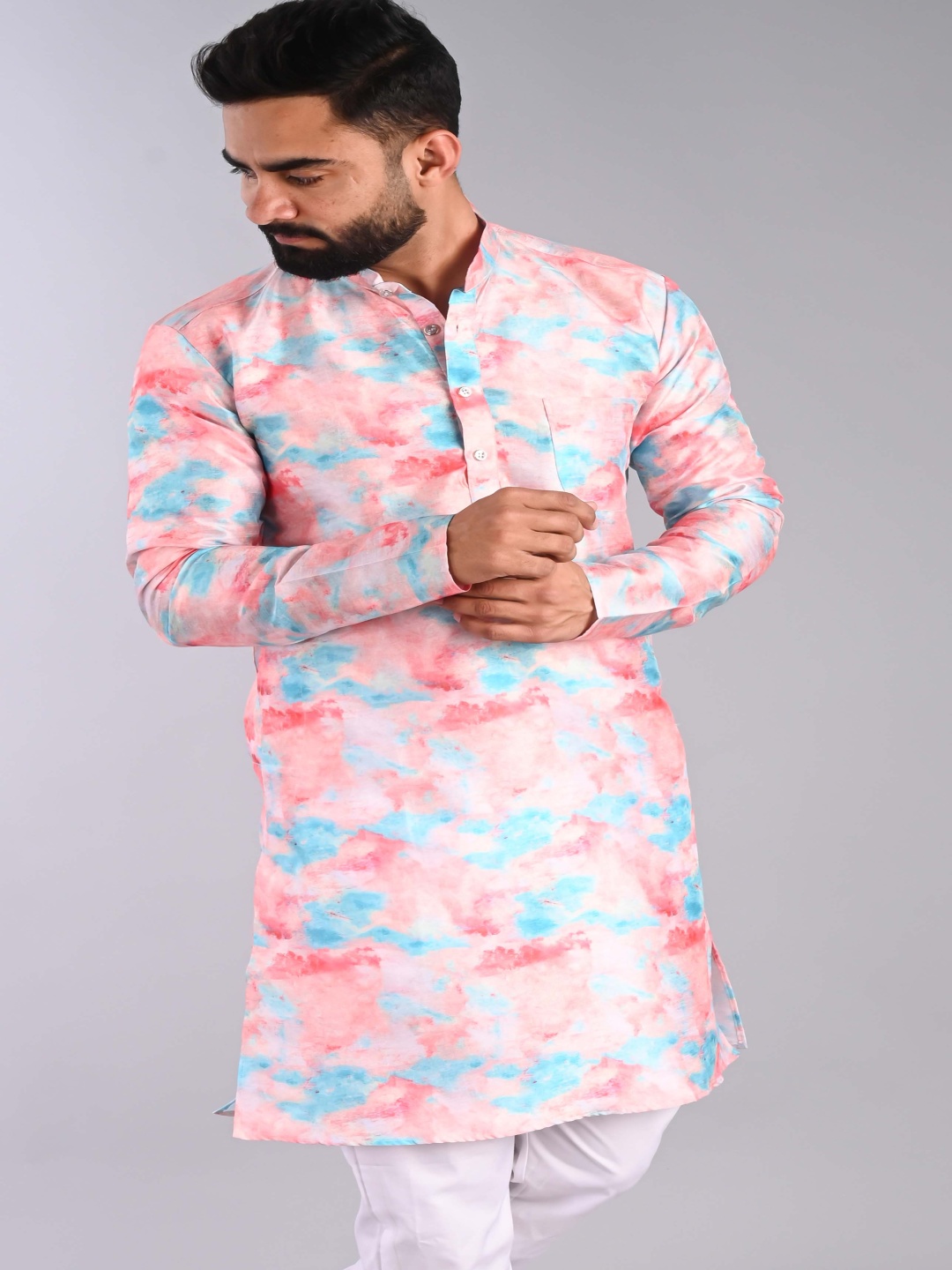 

PulseIQ Abstract Printed Band Collar Straight Kurta, Peach