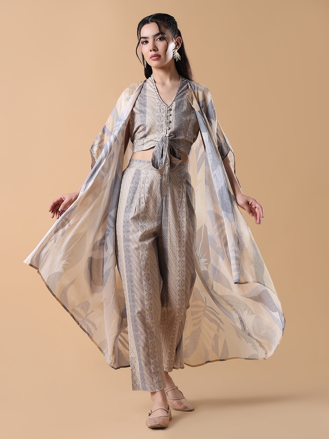 

SHOWOFF Printed V Neck Top With Trousers & Shug, Beige