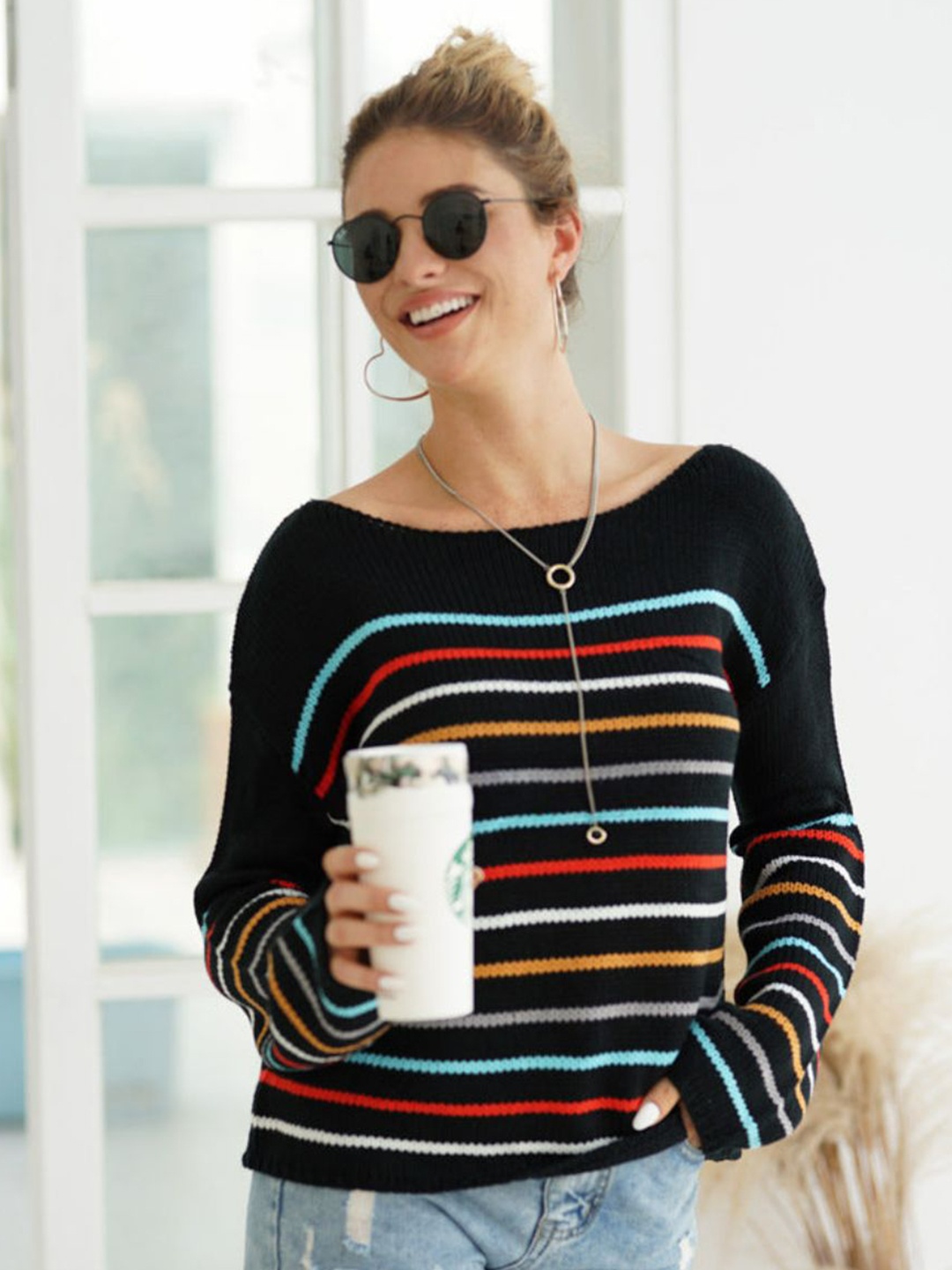 

Oh Rare Women Striped Crop Pullover, Black