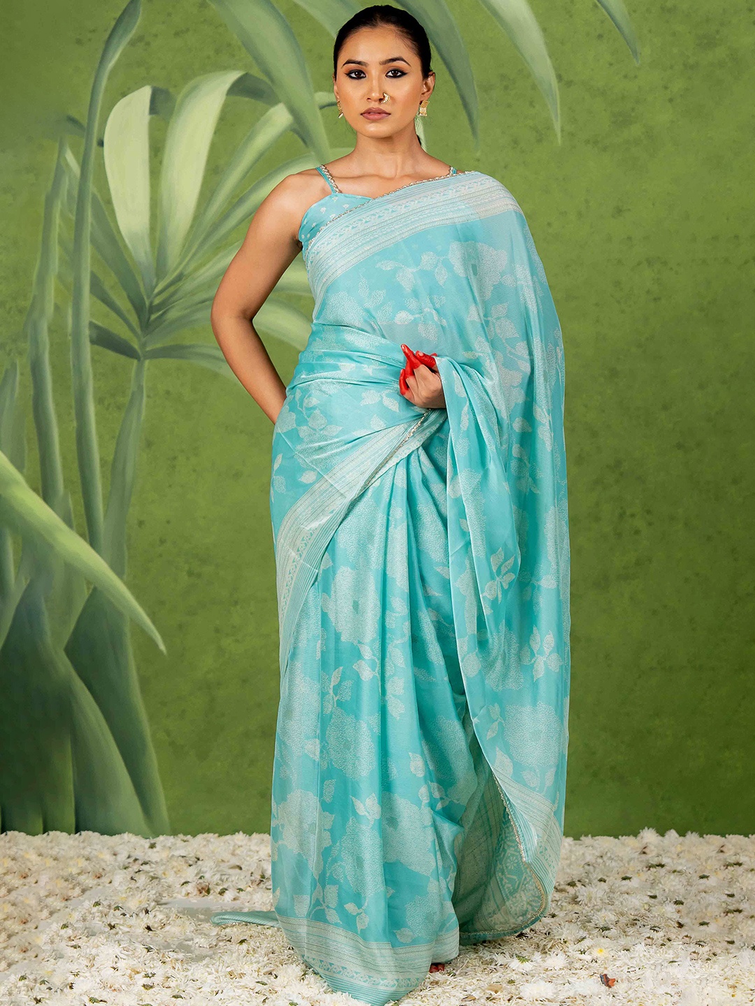 

MIRCHI FASHION Floral Poly Chiffon Ready to Wear Saree, Turquoise blue