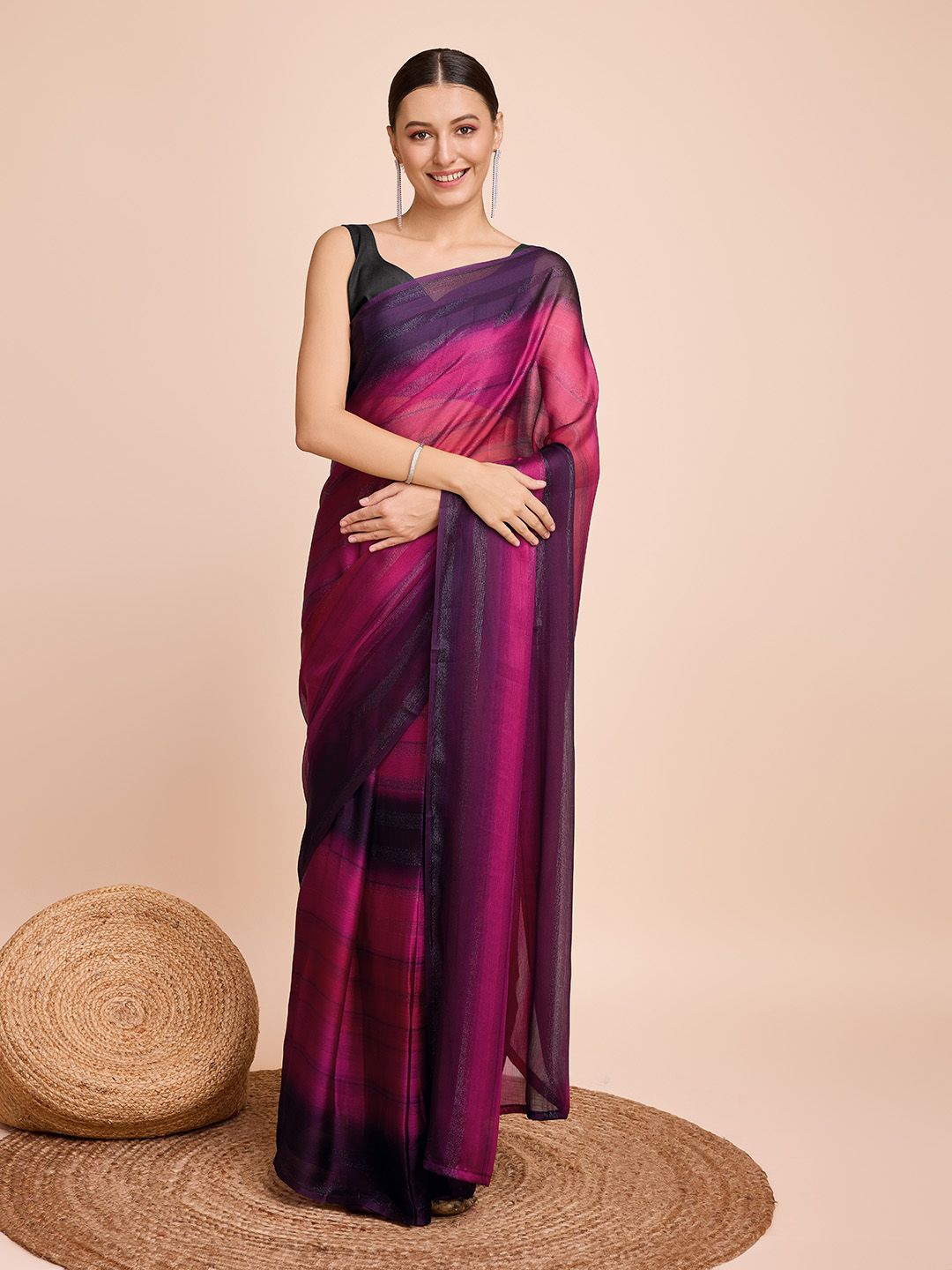 

VORIMA Striped Pure Chiffon Saree, Pink