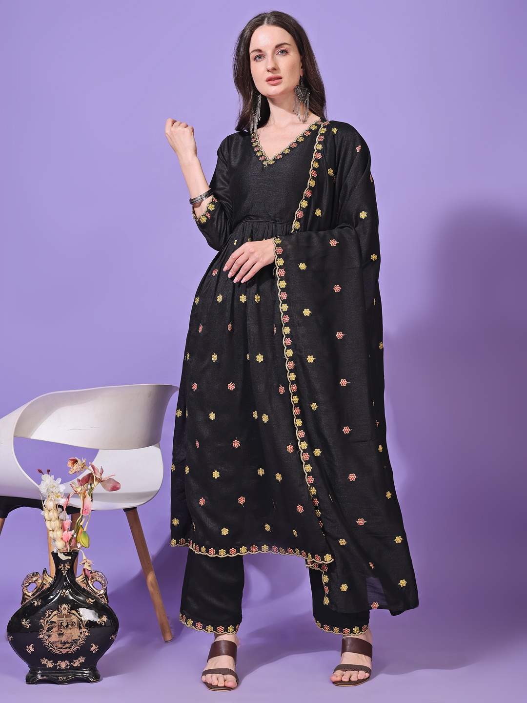 

KALINI Women Ethnic Motifs Embroidered Regular Kurta with Palazzos & With Dupatta, Black