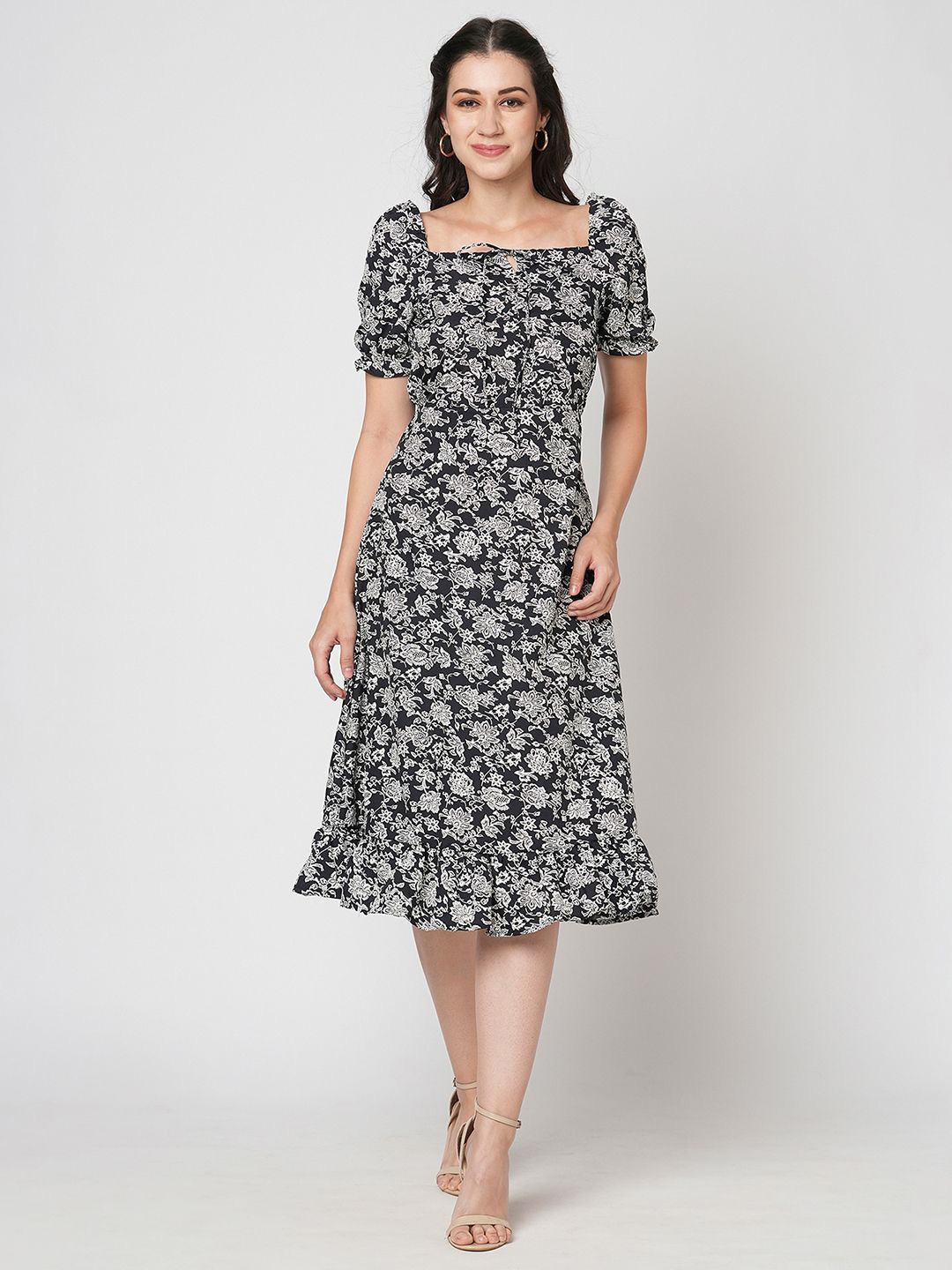 

Moda Rapido Floral Print Puff Sleeve Fit & Flare Midi Dress, Black